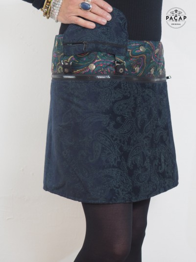 Mini jupe fendue bleue en velours satiné Boutonnée ceinture zippée sacoche assortie femme