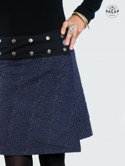 blue velvet slit skirt belt snap woman
