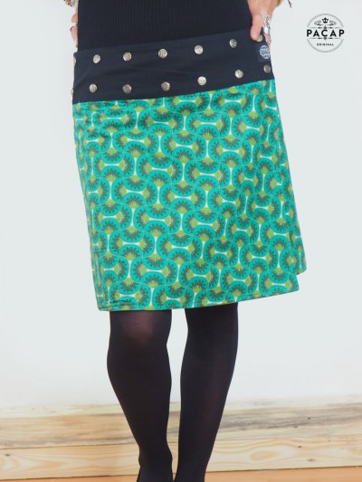 Reversible green ethnic skirt straight velvet woman