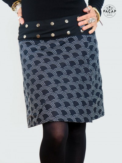 black slit skirt with polka dot print and buttoned belt for women