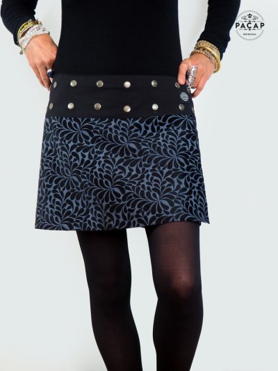mini jupe droite velours motifs fleurs ceinture noire boutonnée femme