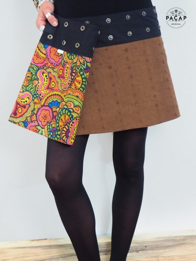 short brown reversible skirt cotton velvet woman