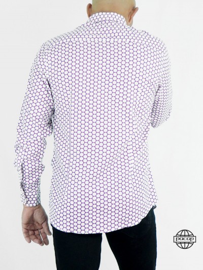 Vintage men's shirt, mauve print with white polka dots.