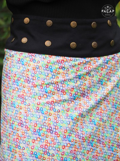 Jupe blanche imprimé petit cercle multicolore, jupe asymetrique jupe taille unique, jupe fendue, jupe femme