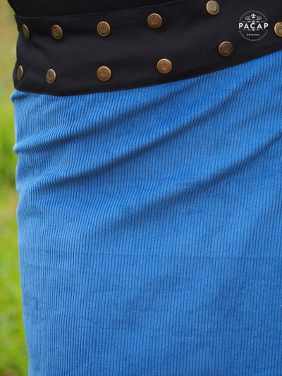 Jupe bleue pour femme avec collant, jupe automne hiver, Jupe enveloppante évasée taille unique ceinture boutonnée