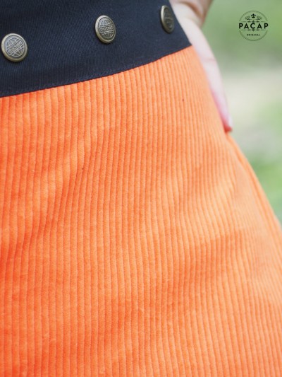 Jupe orange cotelée colorée, velours epais, jupe grosse côtes, jupe hiver, jupe rainure, jupe velours orange
