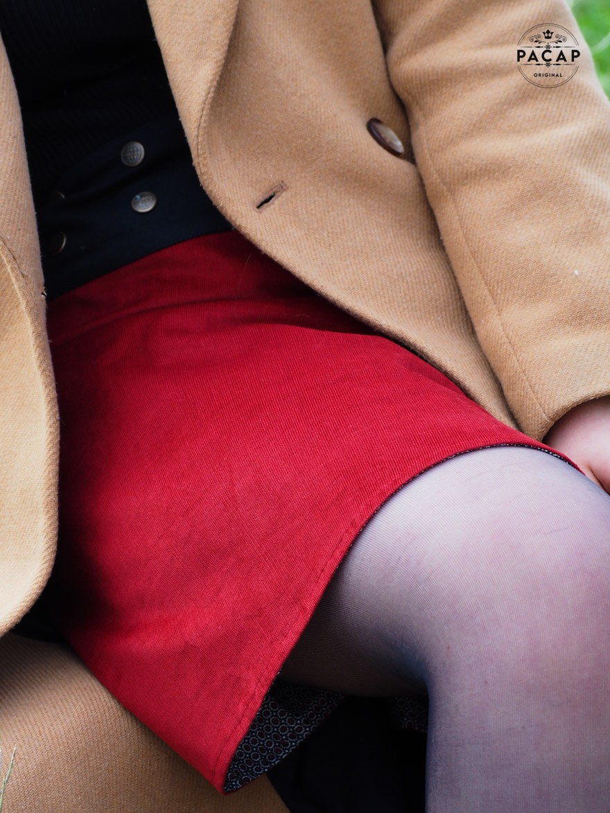 Jupe velours rouge réversible 2en 1 jupe portefeuille femme réversible ceinture plate, jupe a boutons