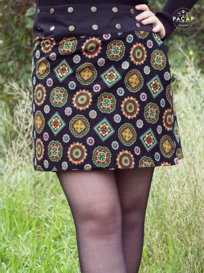 Chic black ethnic print wrap skirt