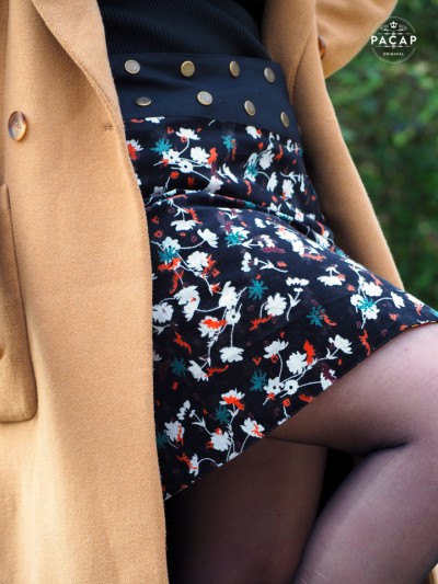 Jupe velours noir imprimé floral jupe portefeuille à fleurs, jupe Jupe droite Femme ceinture boutonnée