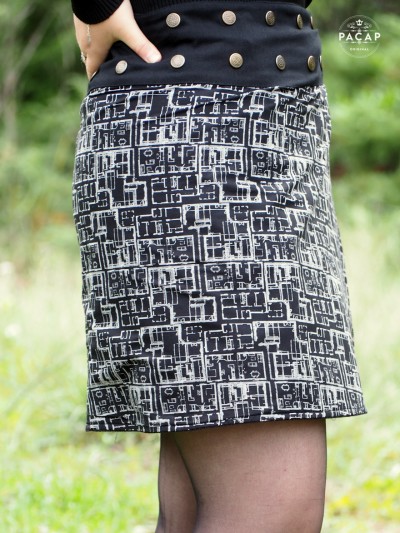 juppe noire pour femme coton imprimé géometrique