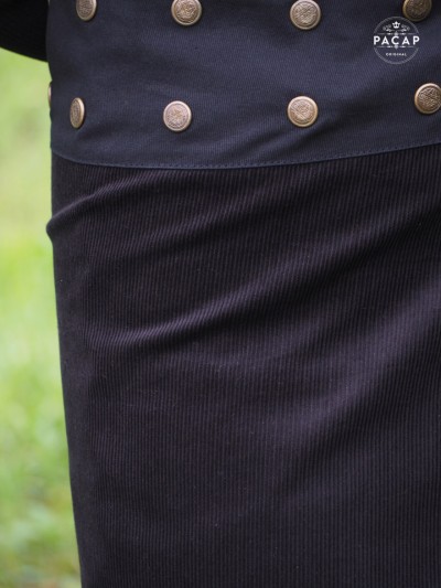 Jupe noire en velours côtelée pour femme taille reglable tissu epais, jupe asymetrique, jupe fendu, reversible