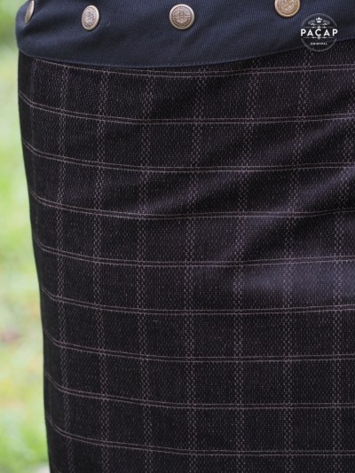 Jupe velours noir motif a carreaux pour femme, jupe de luxe, jupe de qualité, jupe tartan, jupe écossaise noire, jupe satinée