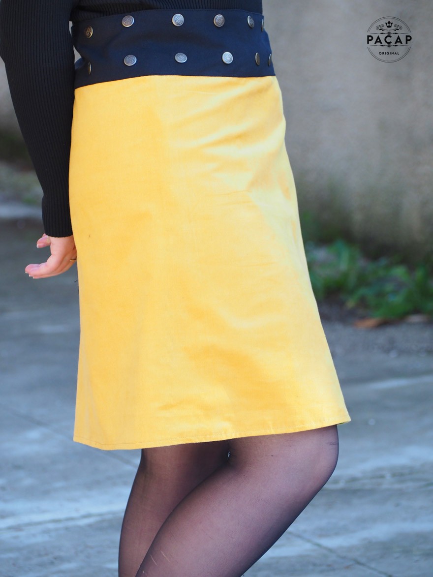 Jupe jaune longue réversible velours jaune milleraies jupe portefeuille femme reversible ceinture plate