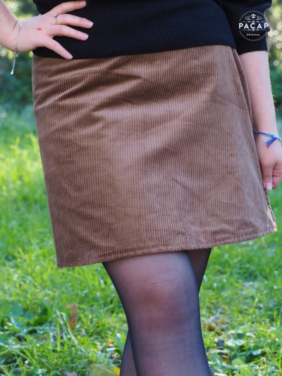 Jupe marron réversible velours côtelé Jupe droite Femme ceinture boutonnée, jupe chocolat, jupe marron foncée
