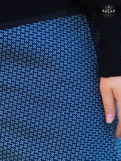 jupe bleue coton imprimé motif géometrique petits points jupe portefeuille femme reversible ceinture plate