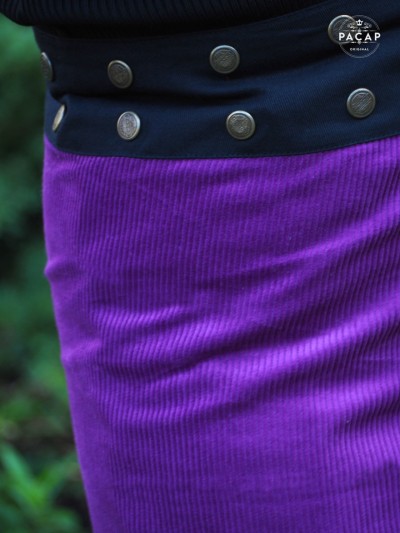 Jupe mauve portefeuille velours côtelé violet, Jupe droite unicolore Femme ceinture boutonnée