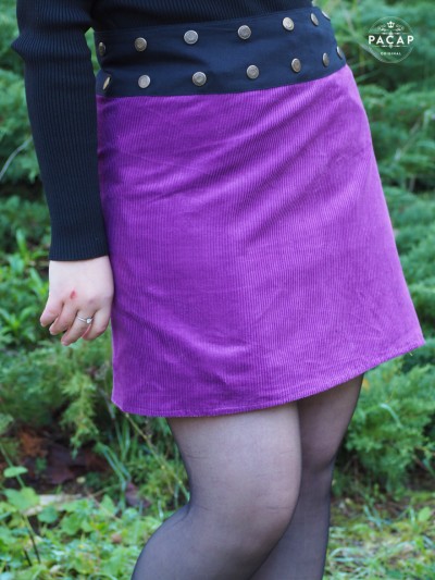 Jupe taille haute violette fendue velours côtelé Jupe wrap trapèze boutons pressions, jupe genoux, jupe multi taille