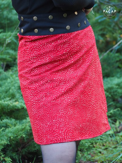 Jupe rouge en coton imprimé pois pour femme, jupe portefeuille  reversible taille unique, jupe droite rouge