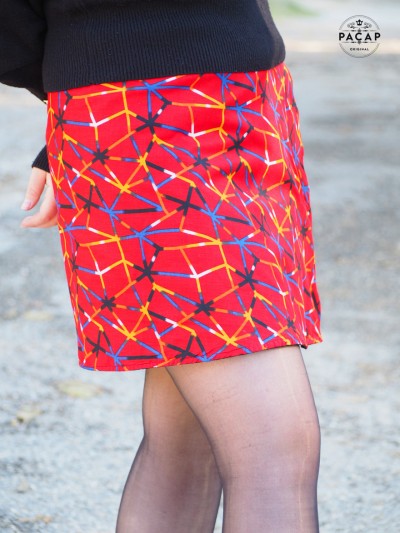 Jupe rouge coton imprimé réversible motif géométrique, jupe femme taille ajustable, jupe fendue, jupe tube