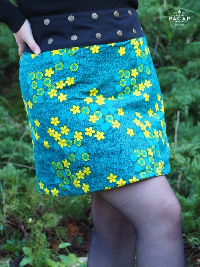 Jupe Verte a fleurs jaune coton imprimé réversible, jupe droite femme, jupe enveloppante verte, jupe florale