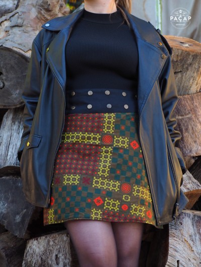 Jupe élégante marron réversible coton motif ethnique africain colorée Jupe droite Femme ceinture boutonnée.