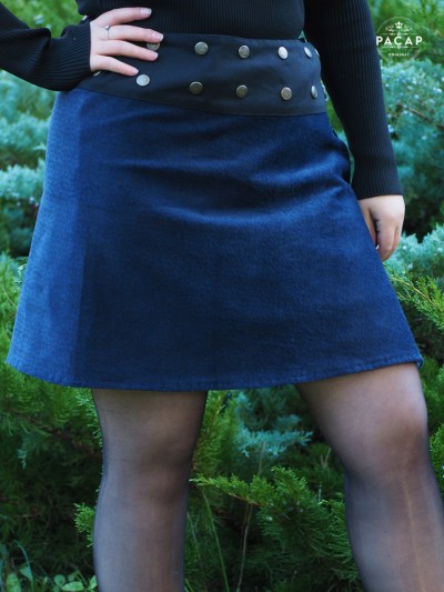 blue velvet skirt with geometric triangle pattern