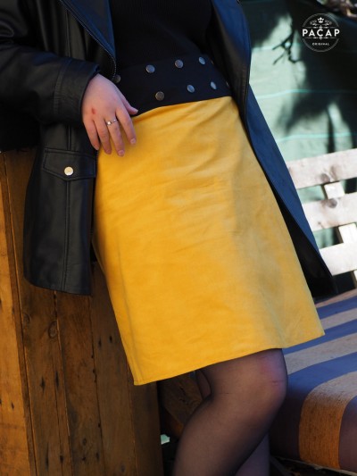 Jupe jaune portefeuille velours côtelé coupe droite Jupe tube fendue boutonnée Taille Ajustable