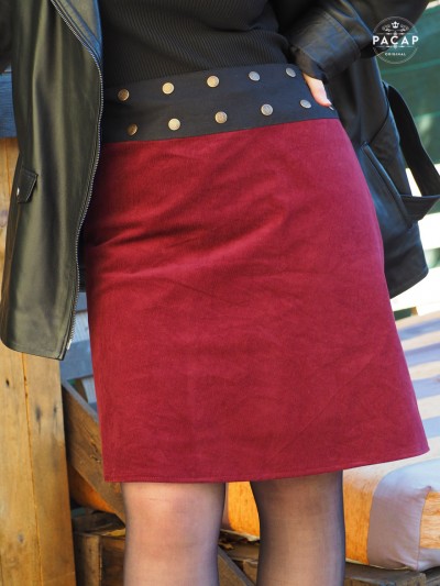 Jupe rouge en velours pour femme, jupe côtelée rouge, jupe portefeuile rouge unicolore, jupe taille reglable