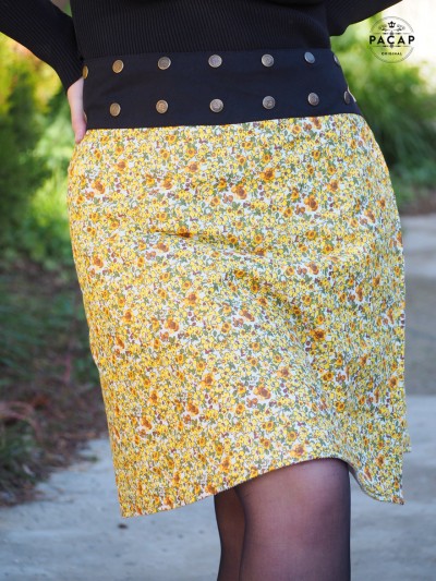 Jupe jaune liberty femme, jupe imprimée petite fleurs, jupe blanche a fleurs, jupe droite, jupe longue, jupe wrap