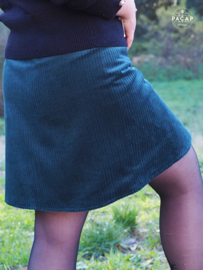 jupe velours femme unicolore Jupe verte côtelée jupe portefeuille évasée reversible taille reglable