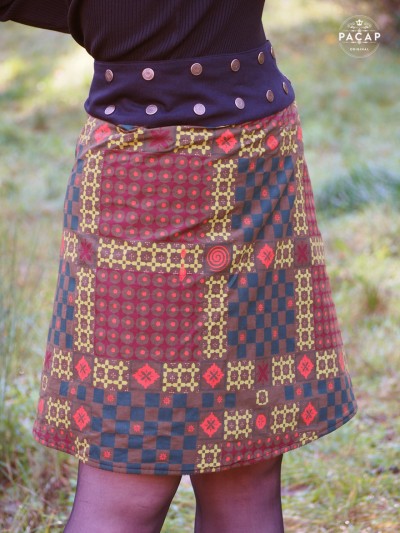 Jupe marron longue ethnique coton reversible coupe portefeuille boutonnée Ceinture plate noire, jupe africaine