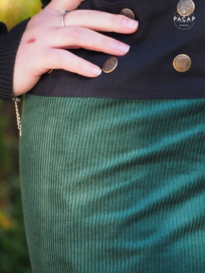 Jupe verte en velours pour femme, jupe côtelée, jupe boutonnée, jupe ajustable, jupe automne hiver