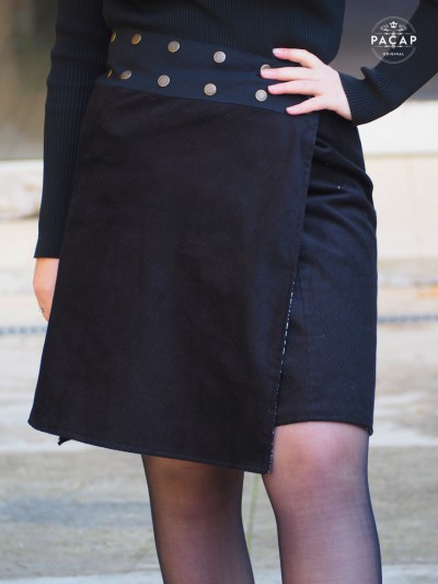 Jupe trapèze  femme jupe noire en velours Jupe wrap mufti taille boutons pressions jupe chic, élégante, jupe tailleur