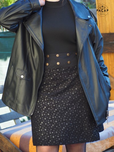 Black skirt with reversible silver velvet printed glittery dots