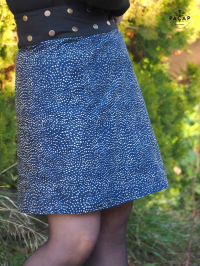 Jupe bleue taille unique coton imprimé motif à pois Jupe enveloppante évasée taille unique