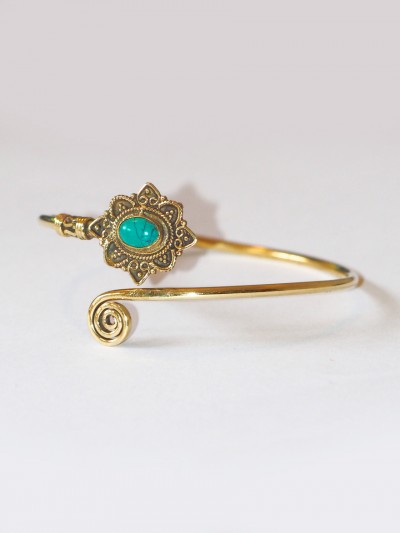 Adjustable Ethnic Gold Bracelet Flower motif with natural green chrysocolla stone