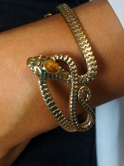 Gold plated snake head and tail bracelet with natural oval tiger eye stone