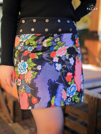 jupe portefeuille droite en coton motif fleurs