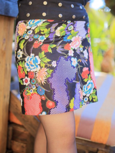 jupe noire portefeuille imprimé floral tissus de qualité marque française pacap