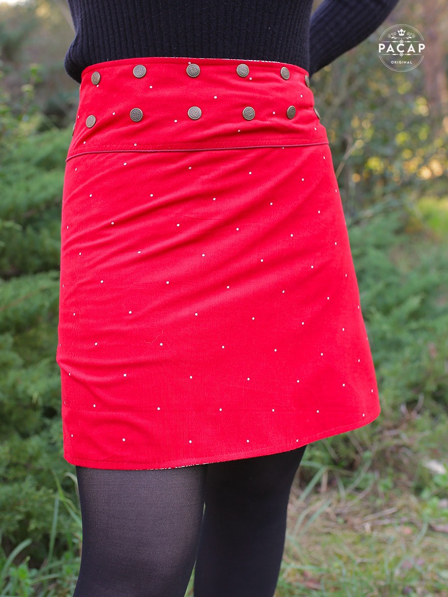 Jupe ceinture boutonnée, jupe velours rouge, jupe enveloppante, jupe wrap, jupe tulipe, jupe droite, jupe rouge à pois