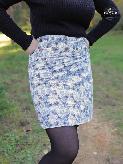 jupe banche Imprimé Reversible, jupe coton femme ceinture large, bouton-pression, jupe patineuse, jupe à motif fleurs bleues,