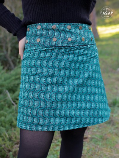 jupe coton imprimé taille unique pour femme avec ceinture large boutonnée coupe évasée