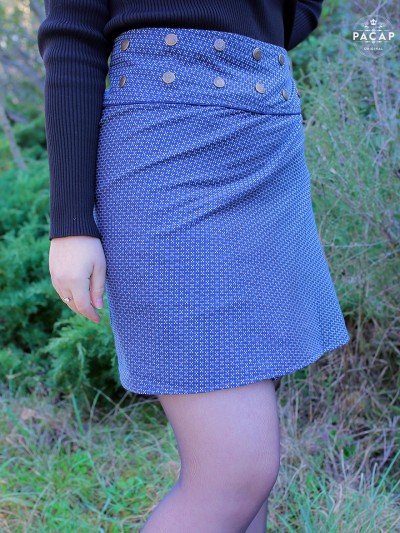 jupe bleue Imprimé micro motif Reversible, jupe coton femme ceinture large, bouton-pression, jupe patineuse, jupe à motif,