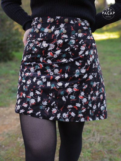 jupe velours noir chic imprimé a fleurs élégantes, portefeuille, taille haute ajustable femme, bouton pression