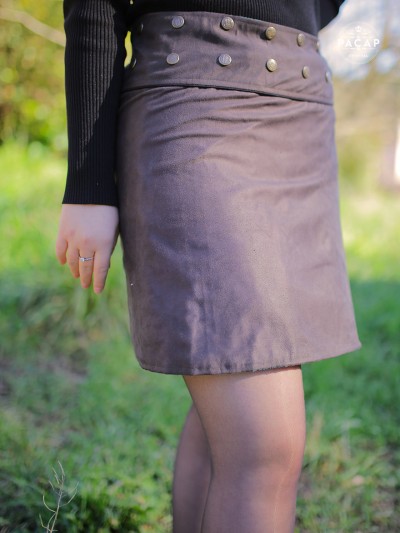 Jupe grise Trapèze ajustable à bouton, jupe unicolore asymetrique, jupe Femme velours peau de peche
