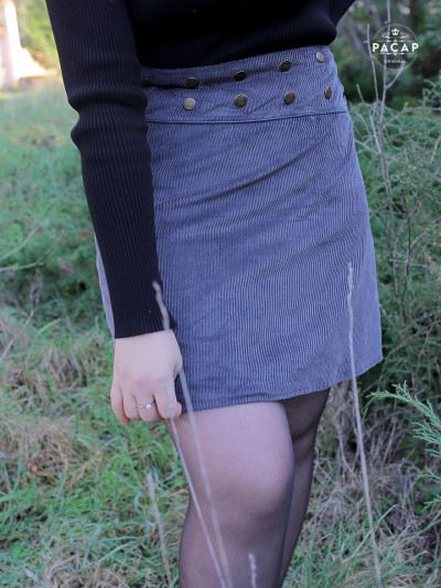jupe grosse côtes femme velours, portefeuille boutonné, jupe grise côtelée automne hiver collant, taille Haute,