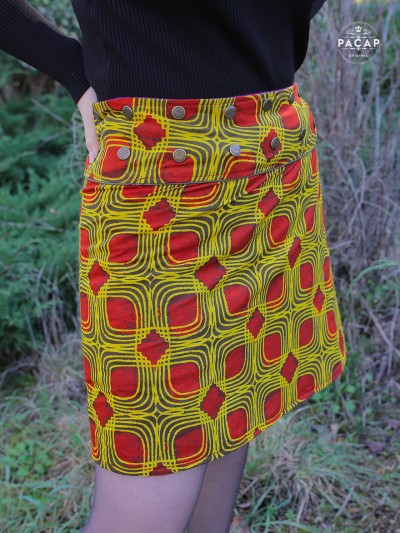 jupe wax, jupe orange, jupe rouge, jupe madras  africaine, jupe ethnique femme, jupe originale, jupe colorée
