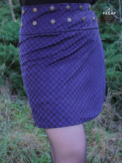 jupe bleu foncé femme velours à carreaux damier portefeuille droite  boutonnée automne hiver collant taille Réglable,