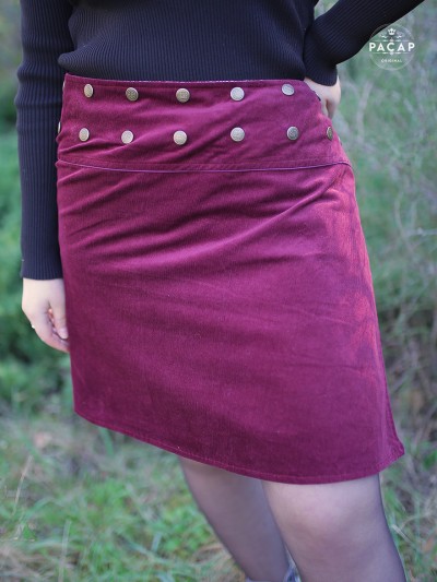 jupe velours rouge bordeaux pour femme Jupe Trapèze ajustable à bouton, coup asymetrique, fendue taille reglable,