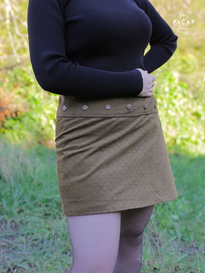 Jupe Trapèze marron ajustable à bouton, jupe asymetrique velours , jupe patineuse Femme taille reglable,